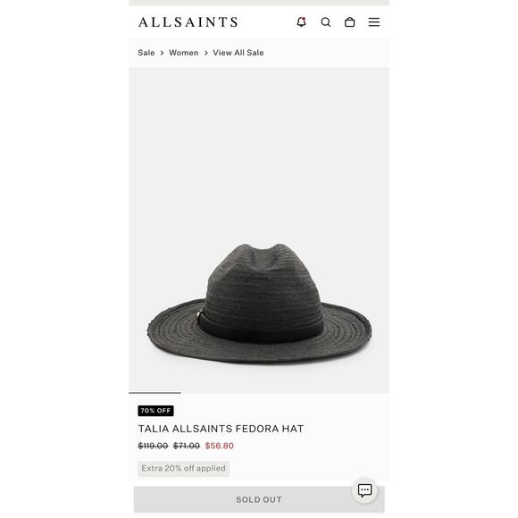 TALIA ALLSAINTS FEDORA HAT black tweed western belt soft flexible straw $99 main image 3